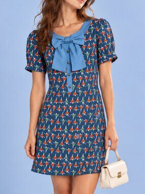 Max C London Floral Bow Neck Mini Dress Blue Orange Button Front Small